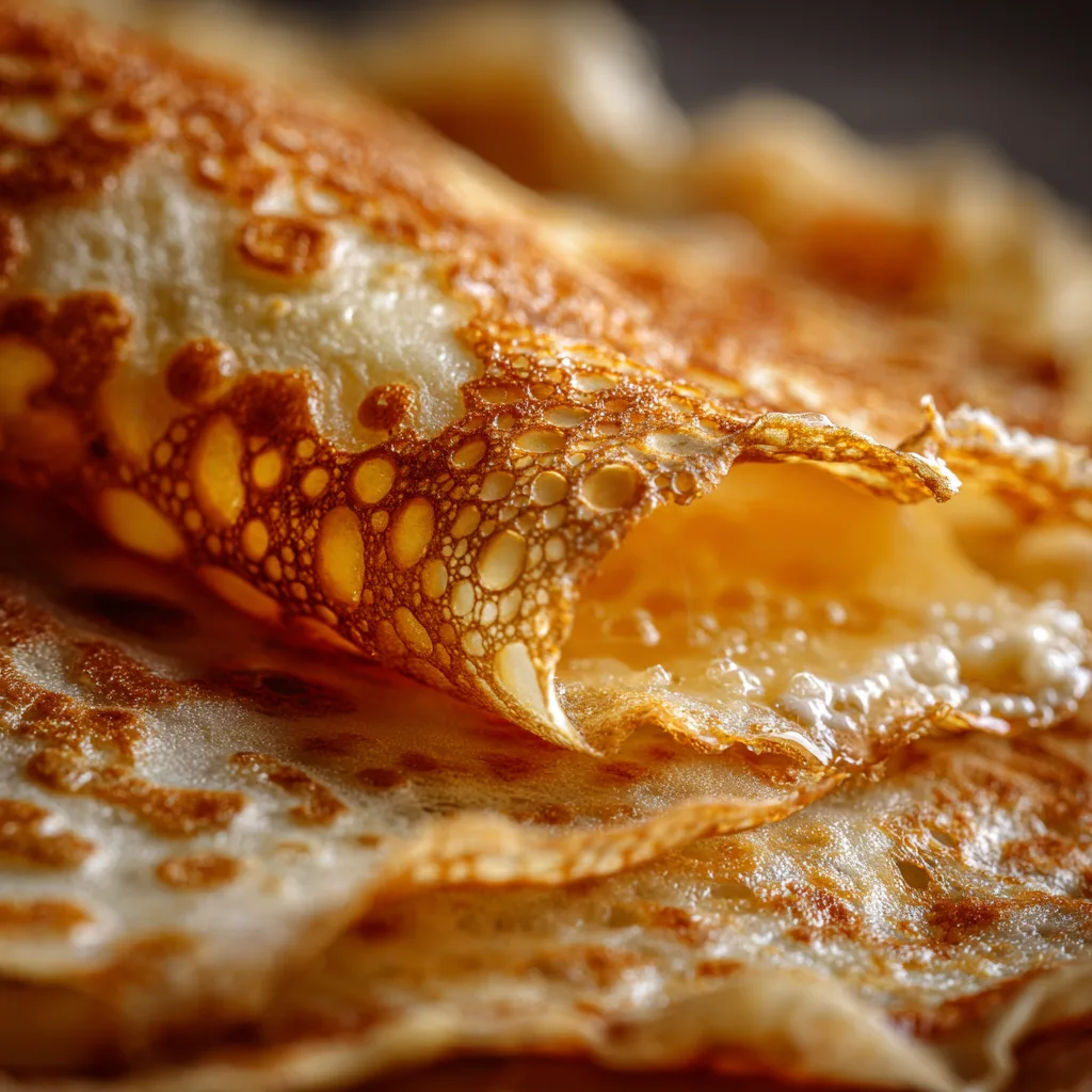 Gros plan texture moelleuse crêpes gourmandes dorées avec taches de cuisson parfaites