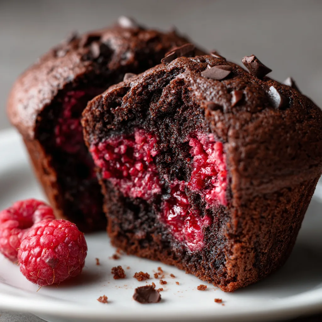 Intérieur moelleux d'un muffin chocolat noir et framboise coupé en deux montrant sa texture aérée