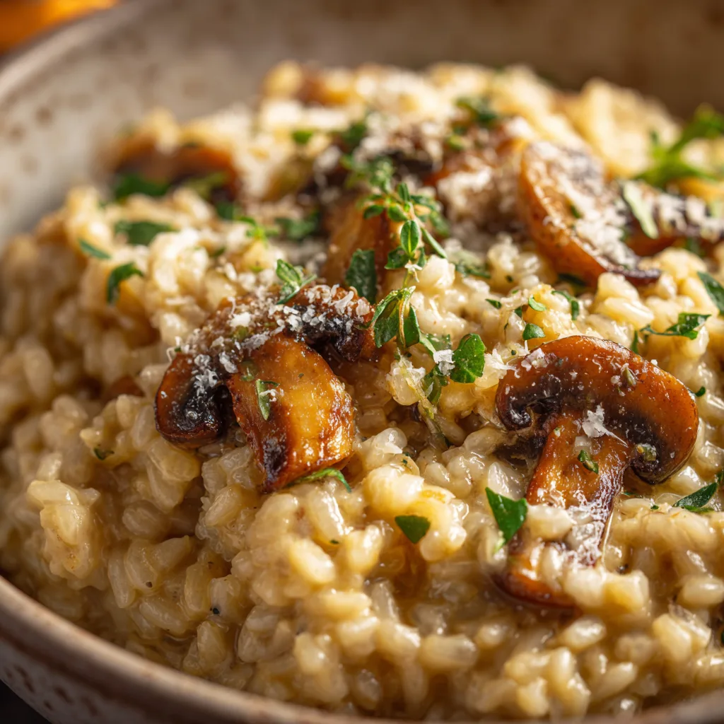 Gros plan texture crémeuse risotto champignons avec grains de riz arborio et parmesan