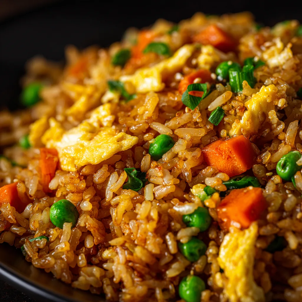 Gros plan texture riz sauté aux légumes et œufs avec grains dorés brillants