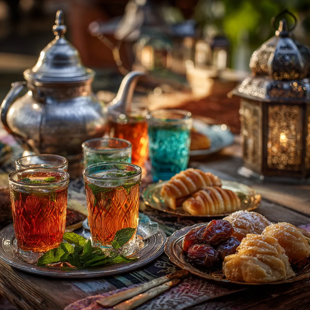 Thé à la Menthe Marocain servi avec pâtisseries marocaines sur une table basse