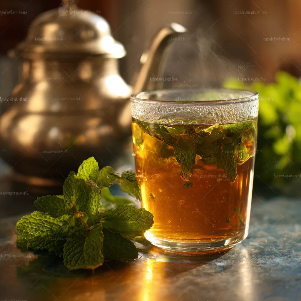 Gros plan sur un verre de Thé à la Menthe Marocain avec mousse et feuilles de menthe fraîche