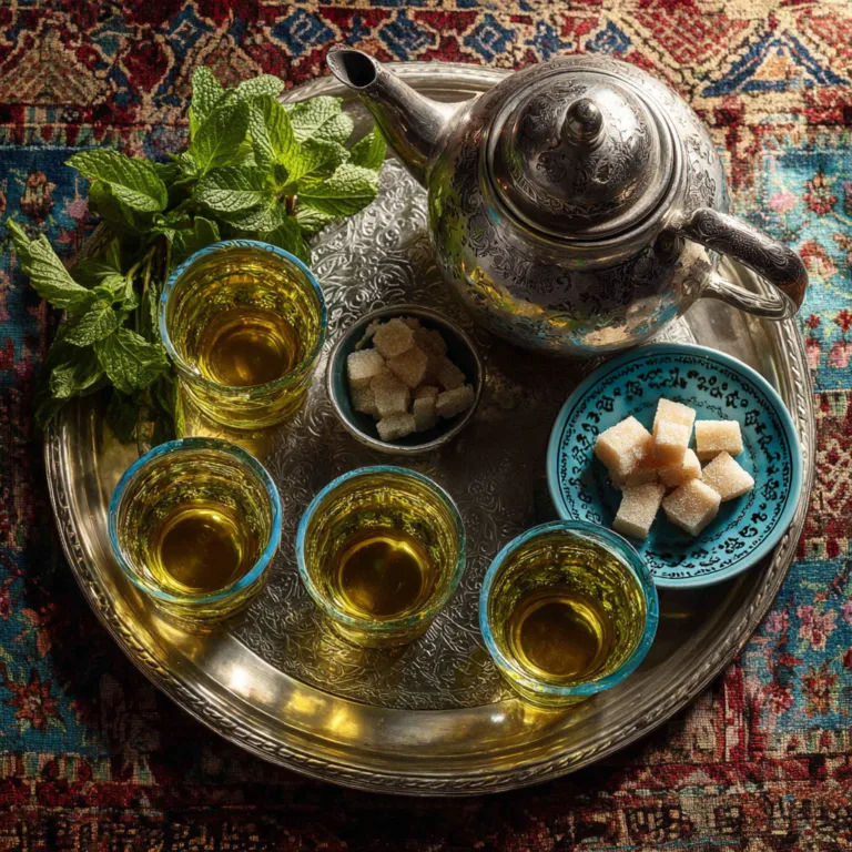 Plateau traditionnel de Thé à la Menthe Marocain vu de dessus avec théière en métal, verres décorés et menthe fraîche