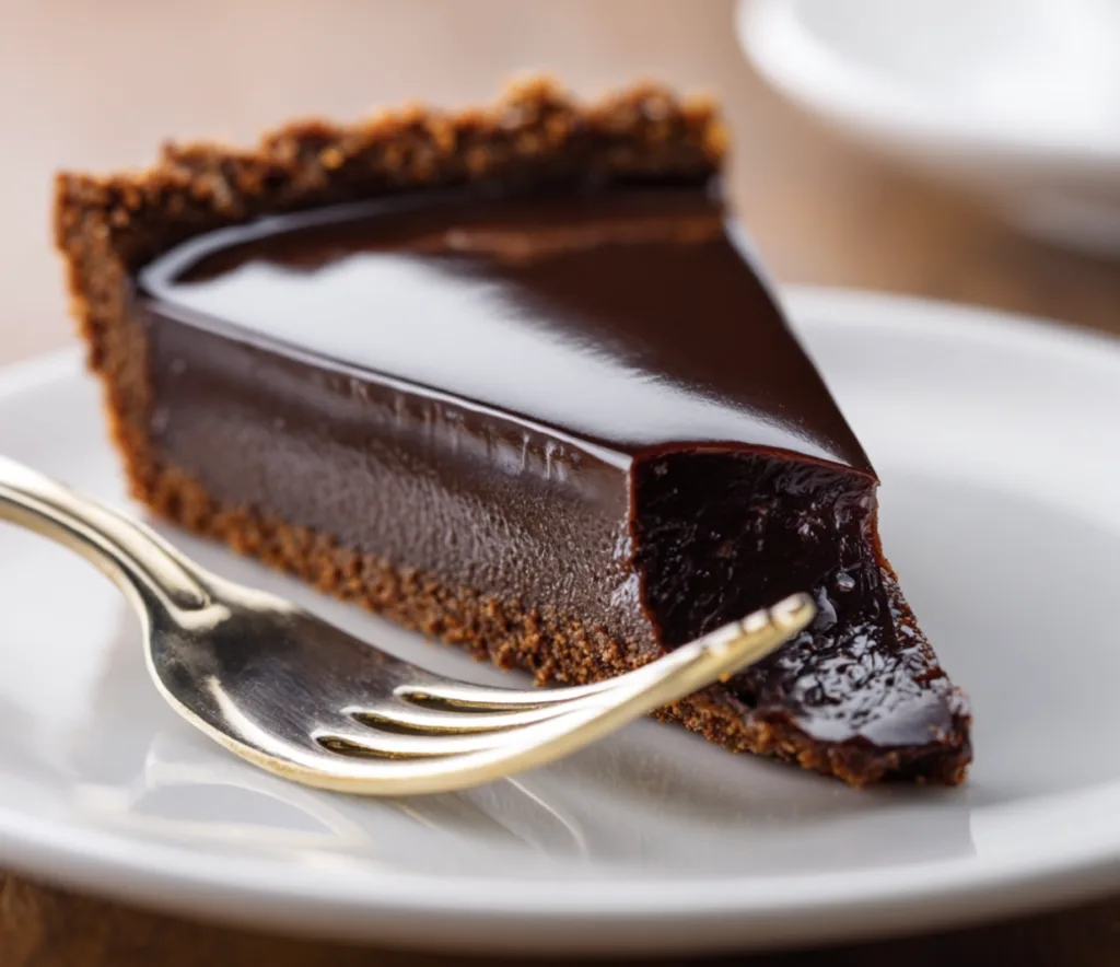 Tranche de tarte au chocolat noir montrant une ganache fondante et une pâte sablée au cacao