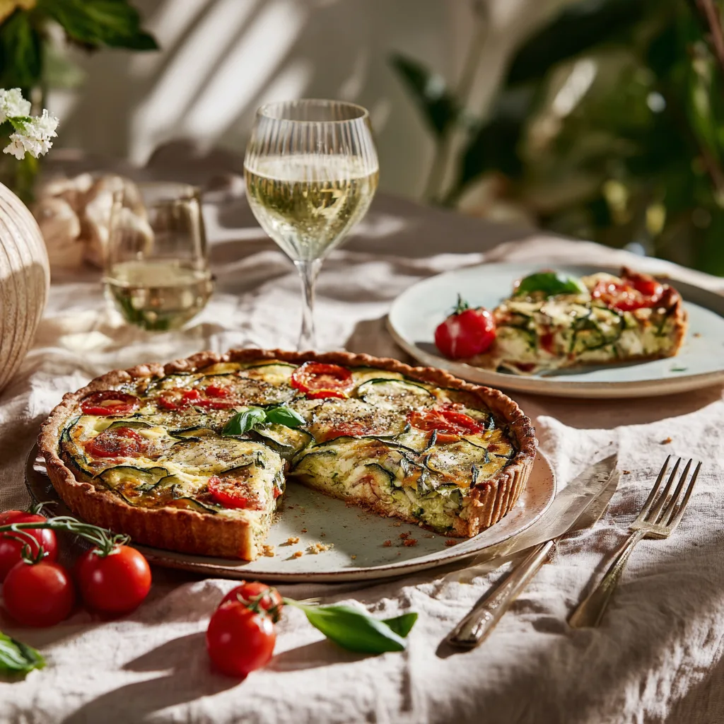 Tarte courgette tomate servie sur table dressée avec salade et accompagnements