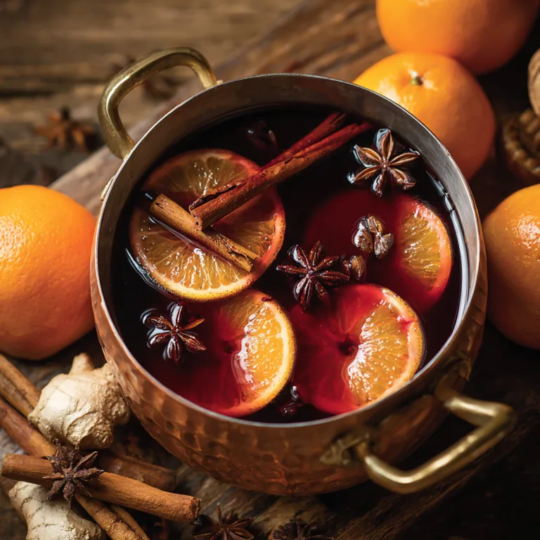 Vin chaud aux épices dans bol en cuivre avec oranges et cannelle vue du dessus