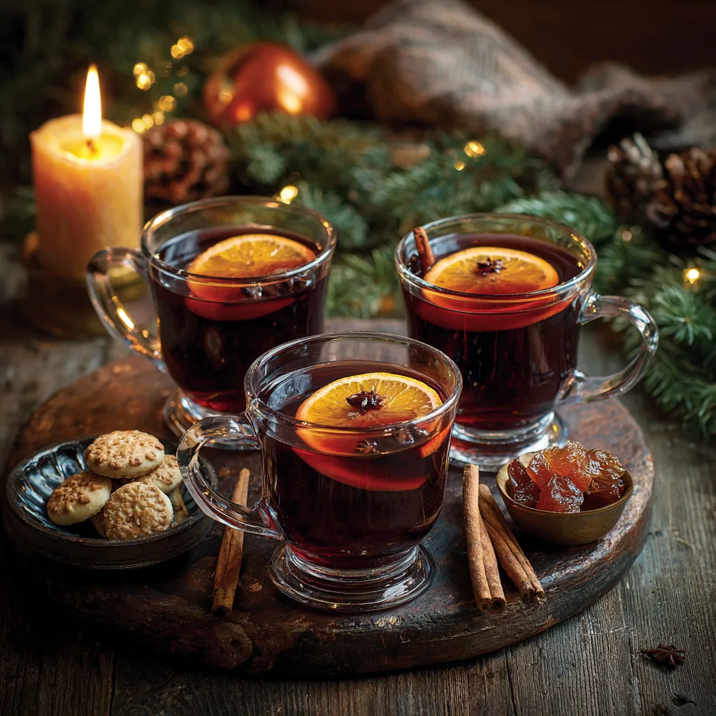 Vin chaud aux épices servi dans des tasses avec sablés et décoration de Noël