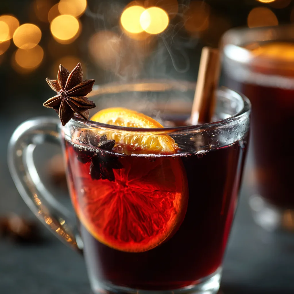 Gros plan d'une tasse de vin chaud aux épices avec orange et cannelle fumante