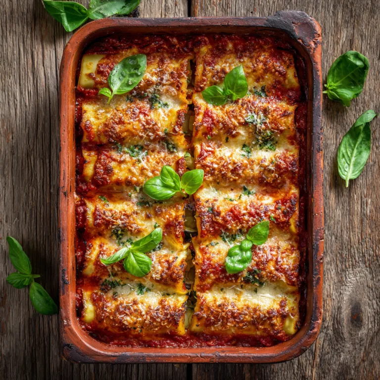 Aubergines Cannelloni au Parmigiano gratinés dans plat de cuisson avec sauce tomate et basilic frais