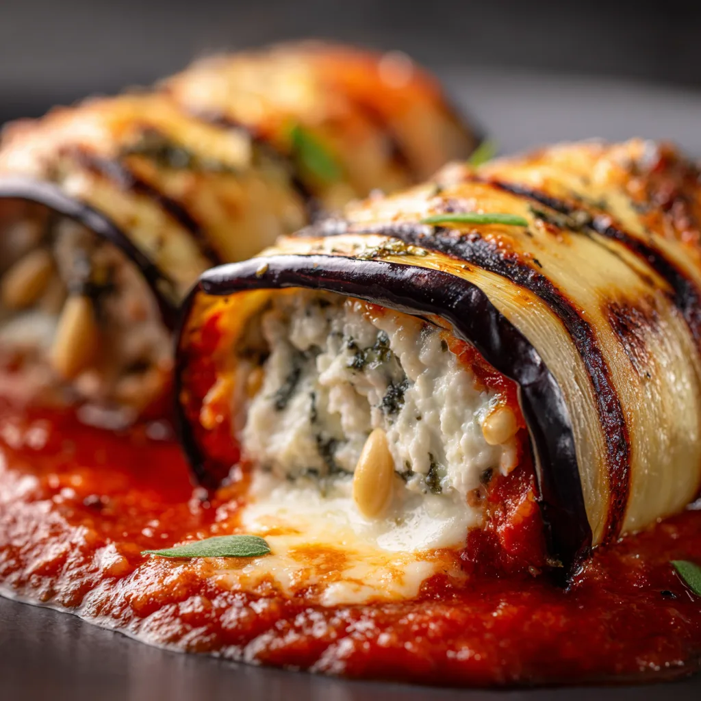 Gros plan Aubergines Cannelloni au Parmigiano coupé montrant farce ricotta et texture fondante