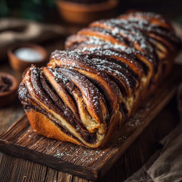 Babka au chocolat et pâte à tartiner tressée dorée avec spirales chocolatées sur planche en bois rustique