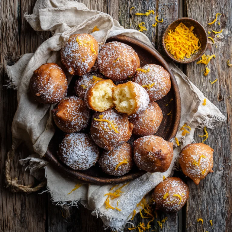 Beignets de Mardi Gras moelleux saupoudrés de sucre glace sur table en bois
