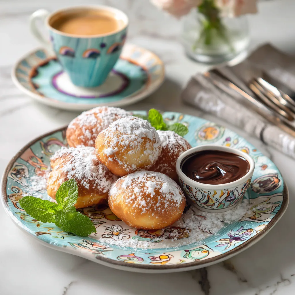 Beignets de Mardi Gras servis avec sauce chocolat et café, présentation élégante