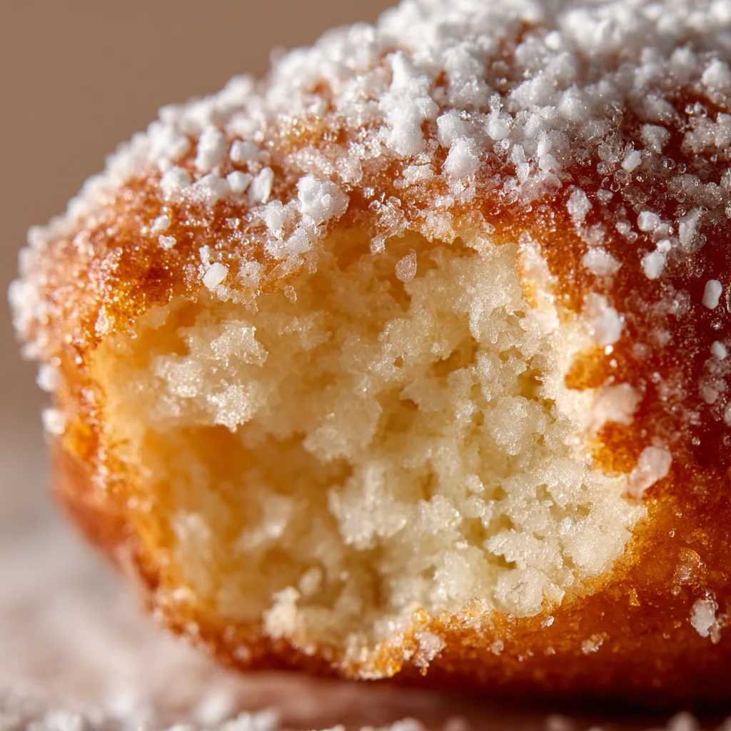 Gros plan texture moelleuse intérieur Beignets de Mardi Gras dorés
