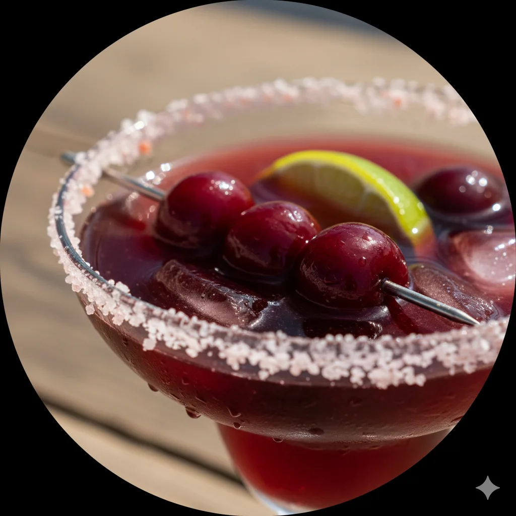 Gros plan du rebord salé et de la texture du Bitter Cherry Margarita avec liqueur de cerise