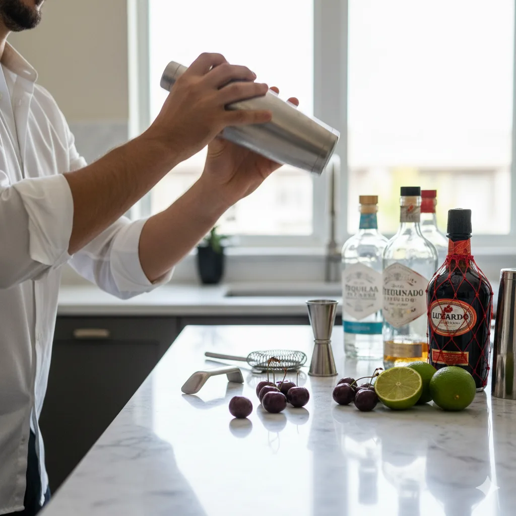 Préparation d'un Bitter Cherry Margarita au shaker avec tequila et liqueur de cerise