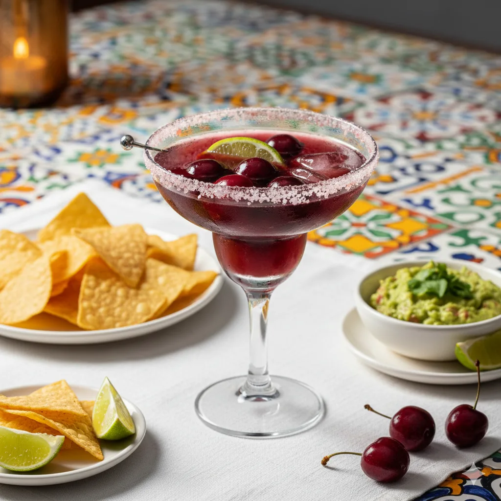 Bitter Cherry Margarita servi avec accompagnements mexicains sur table élégante