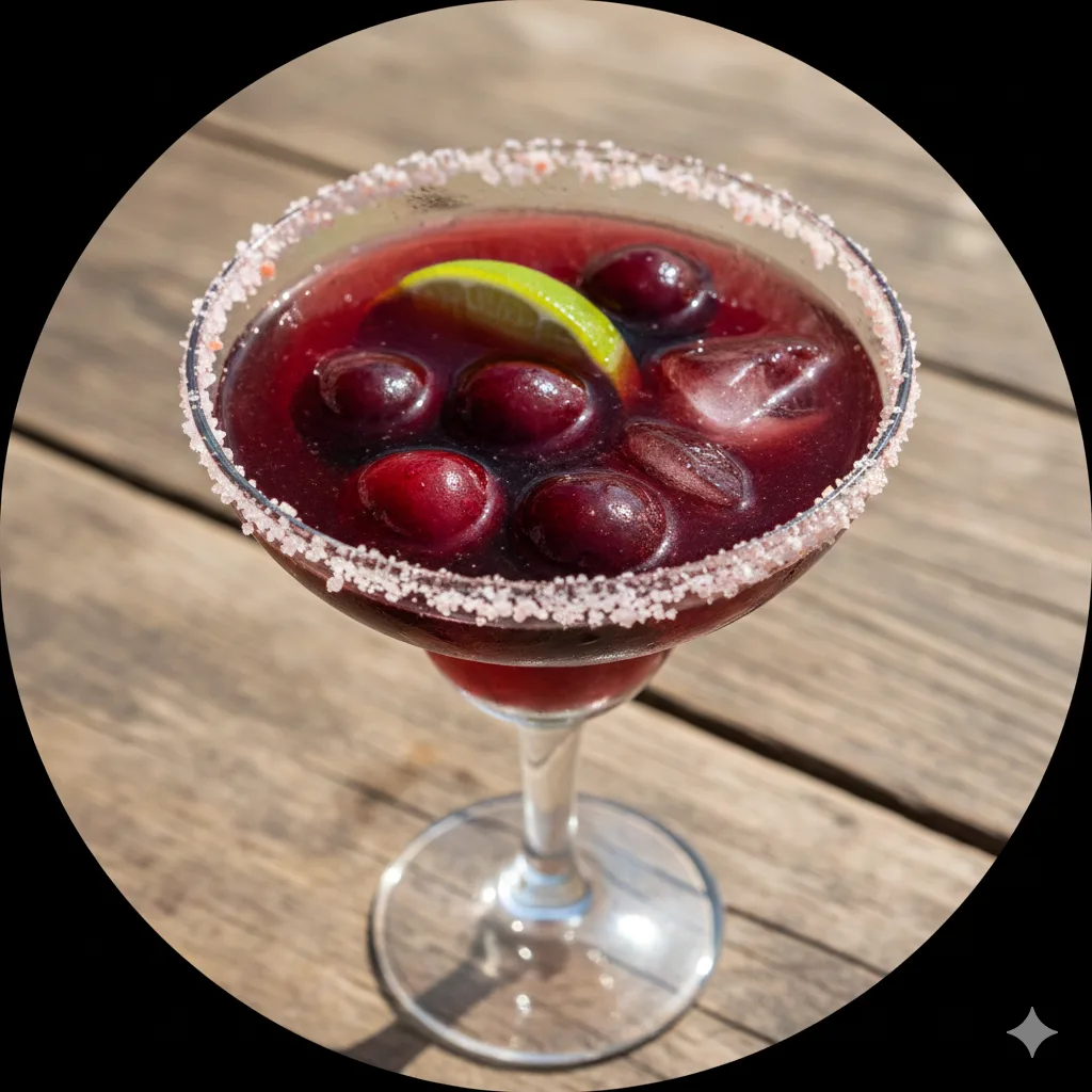Bitter Cherry Margarita vue du dessus avec rebord de sel rose et garniture de cerise fraîche