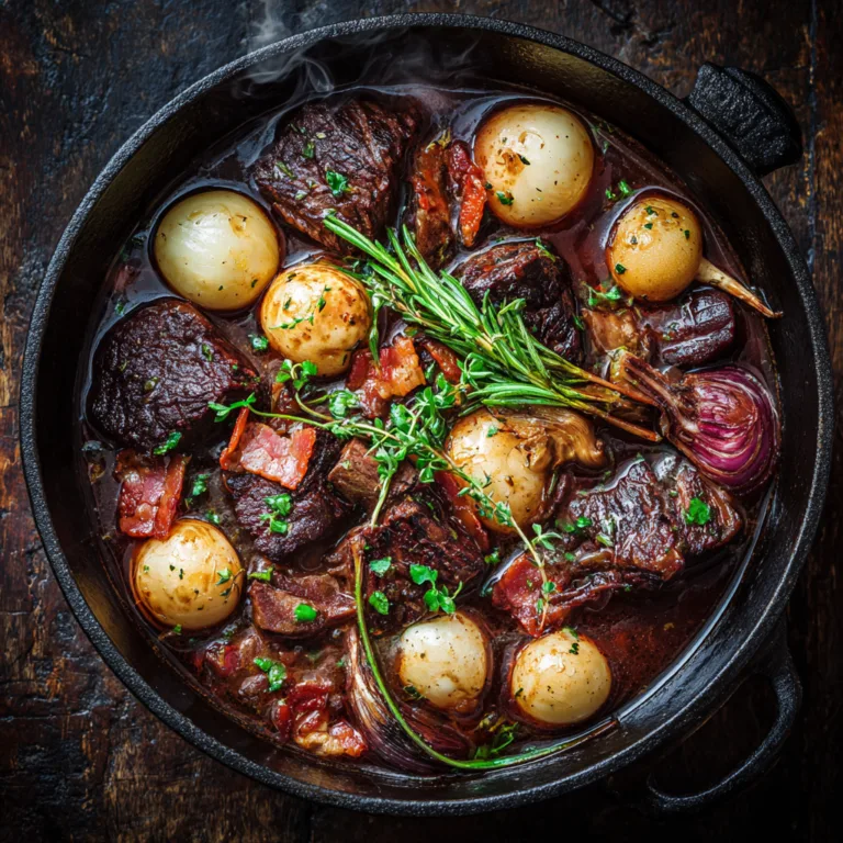 Bœuf bourguignon traditionnel dans une cocotte en fonte avec viande fondante, champignons et sauce au vin rouge