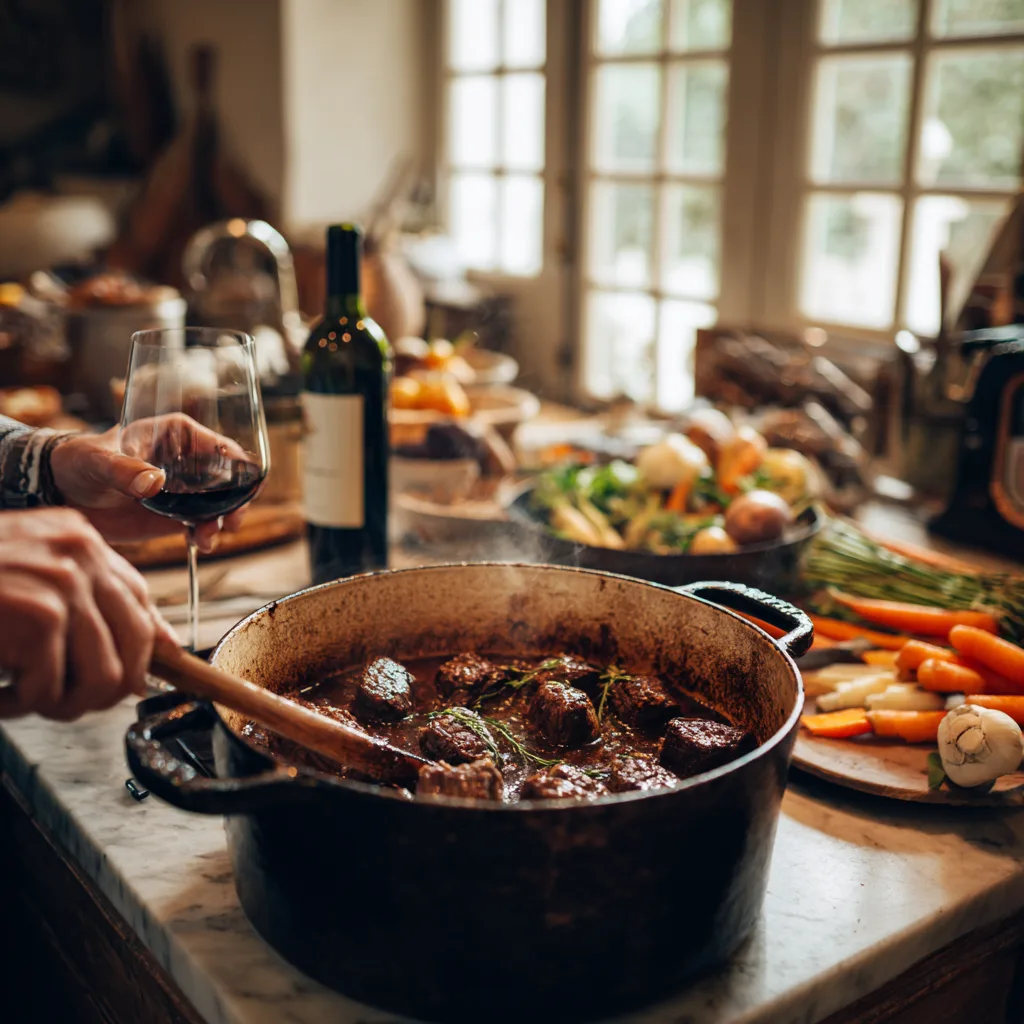 Préparation du bœuf bourguignon en cuisine, viande qui dore dans une cocotte en fonte