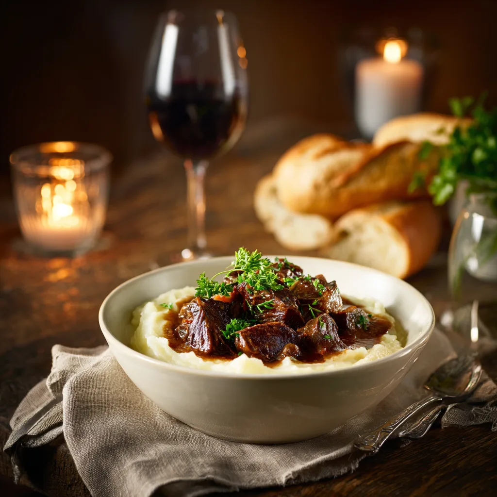 Préparation du bœuf bourguignon en cuisine, viande qui dore dans une cocotte en fonte
