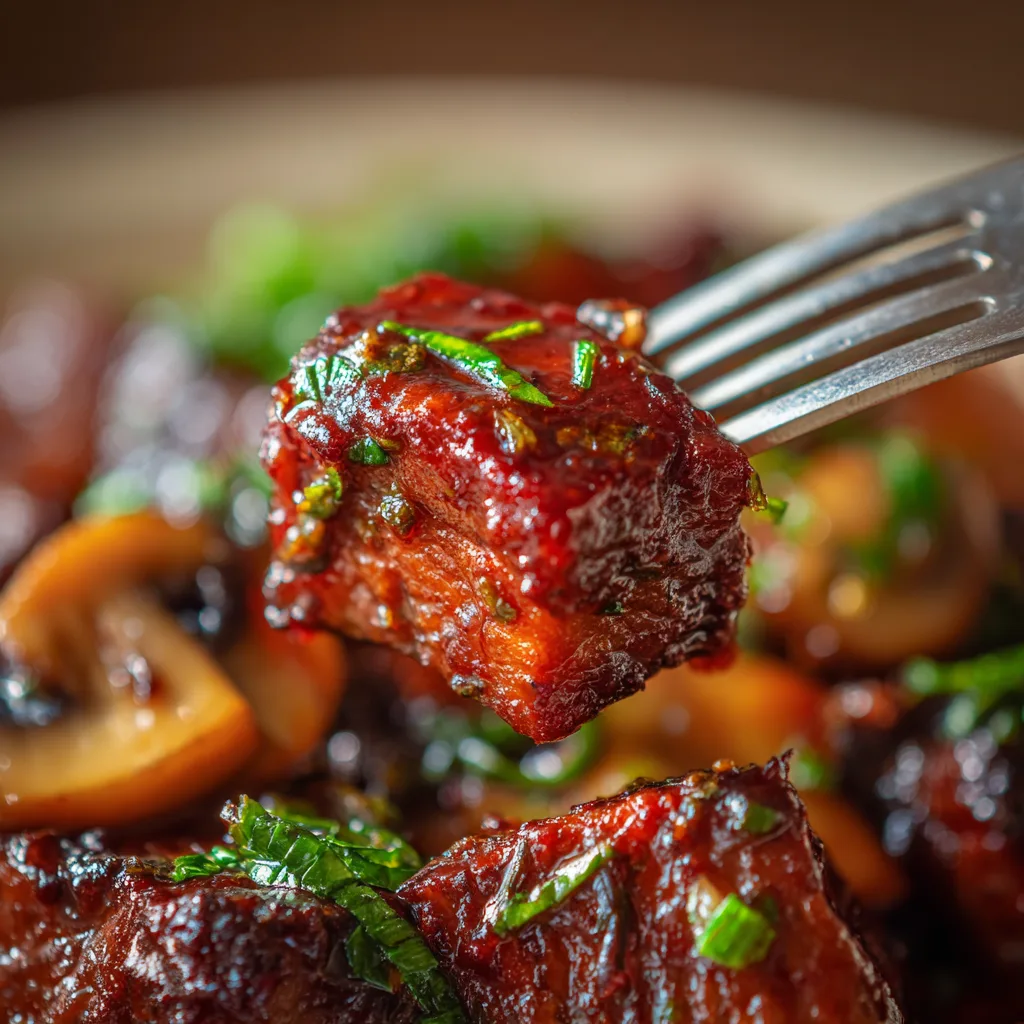 Gros plan sur un morceau de bœuf bourguignon fondant avec sauce brillante au vin rouge et champignons