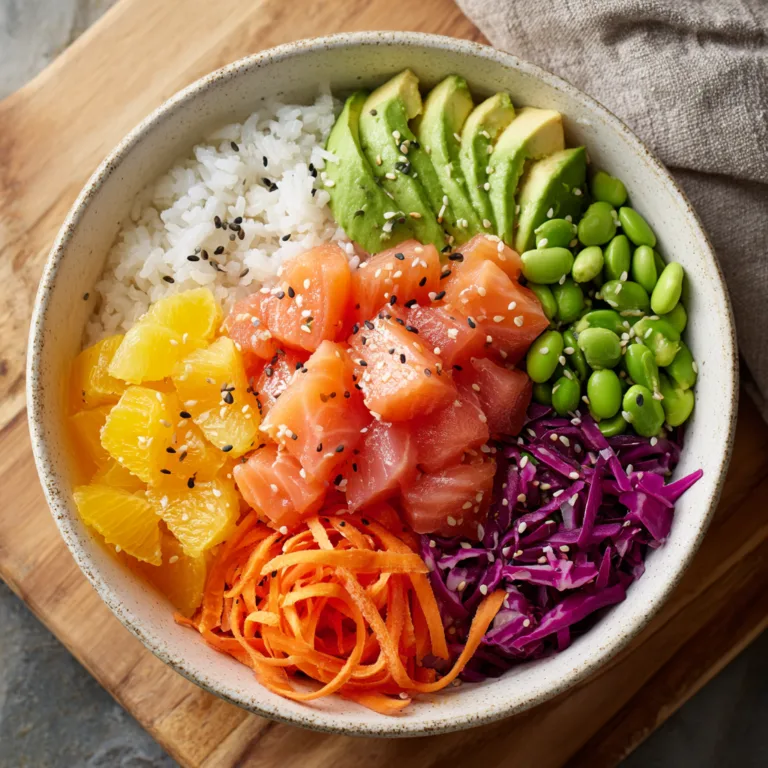 Bol Poké au Saumon avec riz vinaigré, avocat, mangue et légumes frais disposés en sections colorées