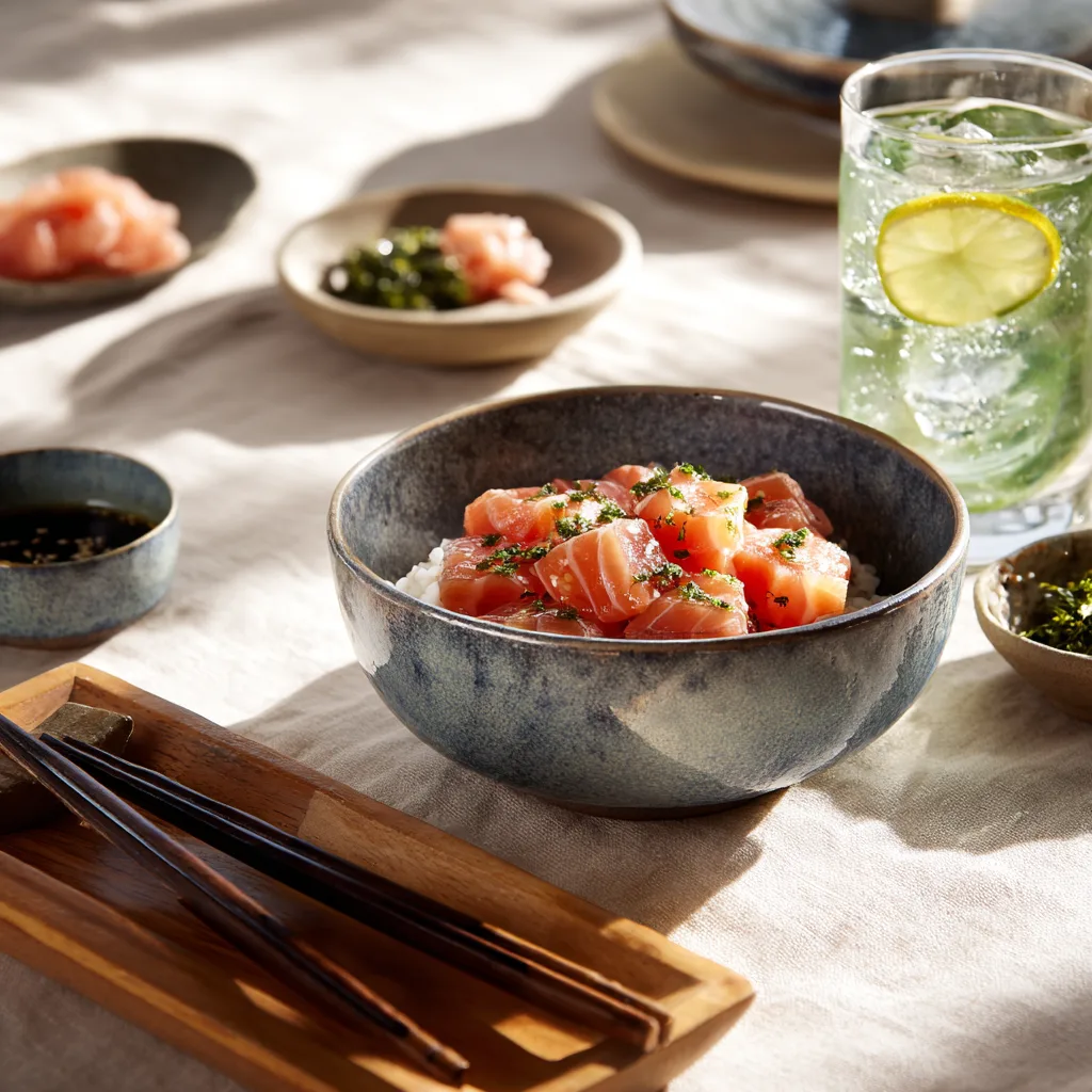Bol Poké au Saumon élégamment servi avec baguettes japonaises, thé vert et accompagnements