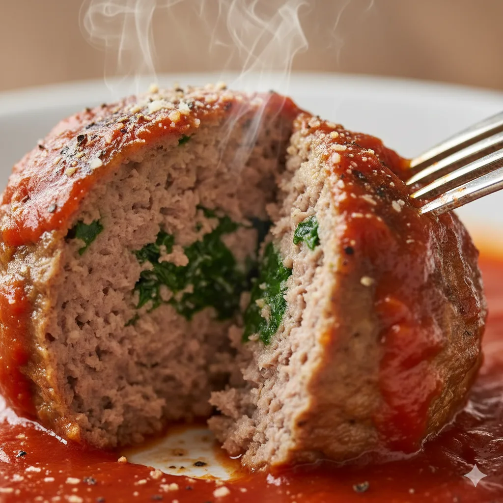 Intérieur moelleux d'une boulette de veau aux épinards coupée en deux