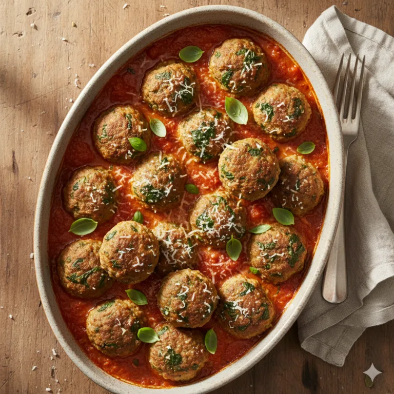 Boulettes de veau aux épinards dorées dans sauce tomate avec basilic frais