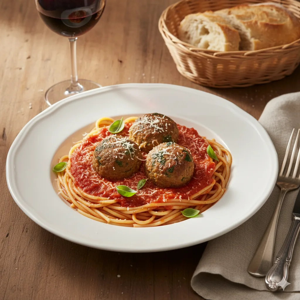 Assiette élégante de boulettes de veau aux épinards avec pâtes et parmesan