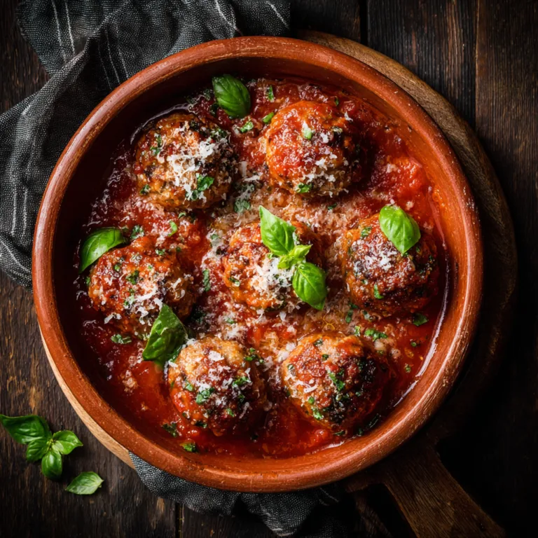 Boulettes de viande à la sauce tomate maison servies dans un plat rustique avec basilic frais et parmesan