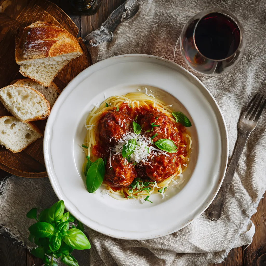 Boulettes de viande à la sauce tomate servies avec des spaghetti, basilic frais et parmesan râpé - présentation élégante
