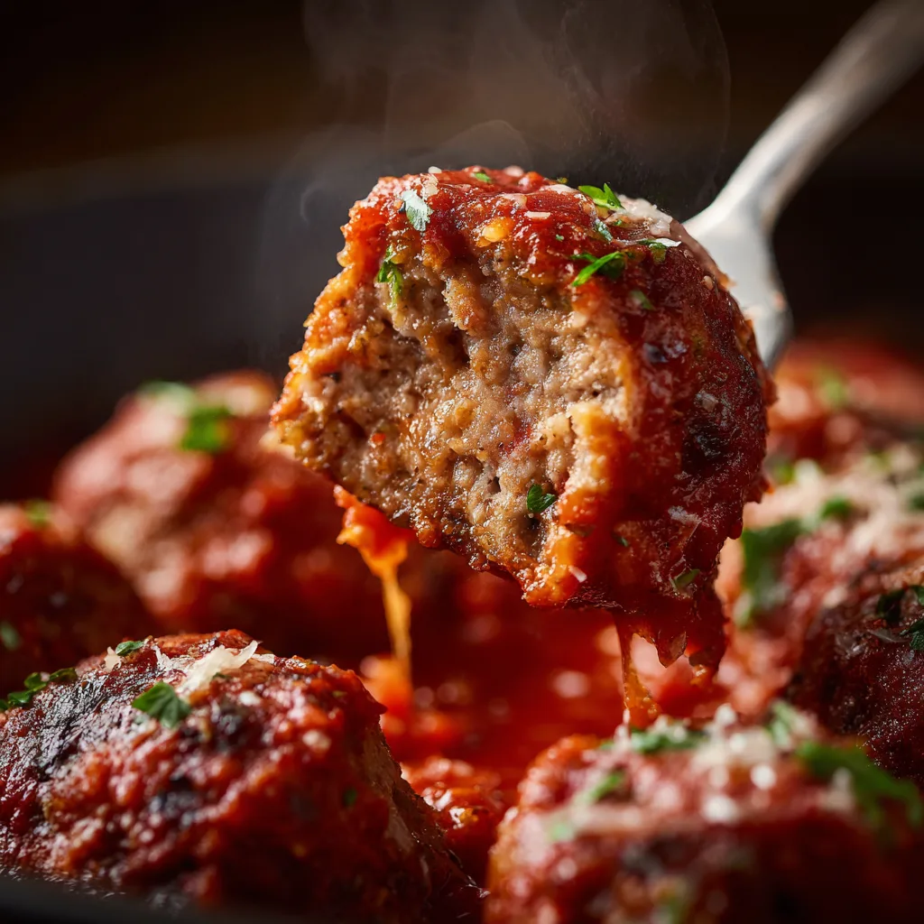 Gros plan d'une boulette de viande à la sauce tomate coupée montrant la texture moelleuse et juteuse