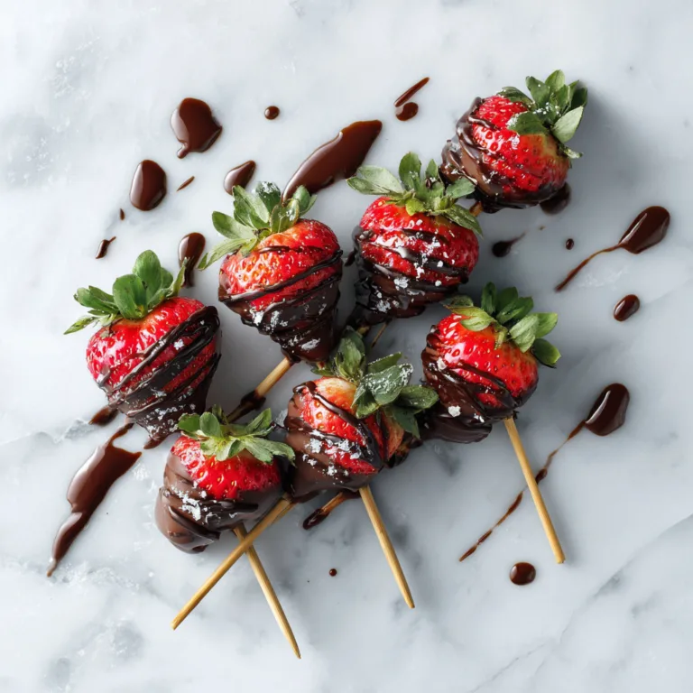 Brochettes de fraises au chocolat disposées sur marbre blanc vue du dessus