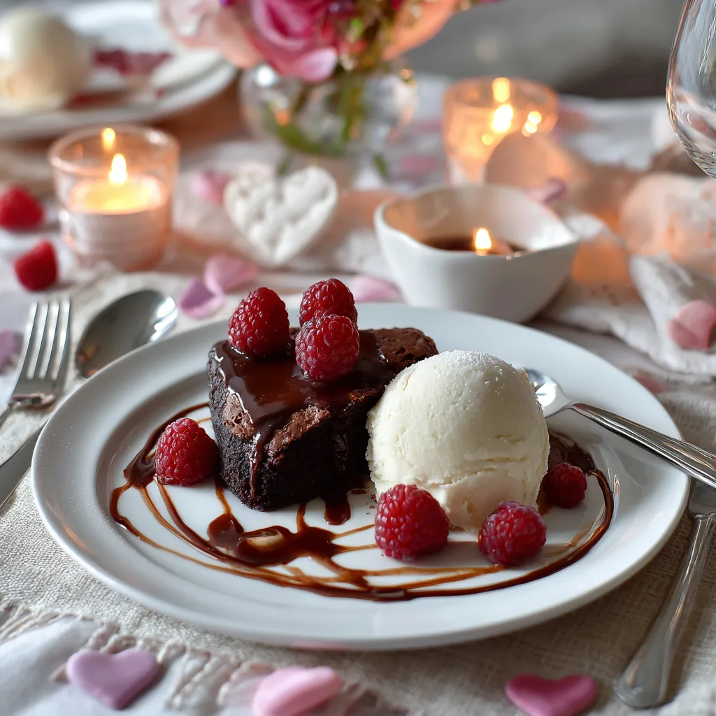 Brownie Chocolat Romantique servi assiette forme cœur glace vanille framboises
