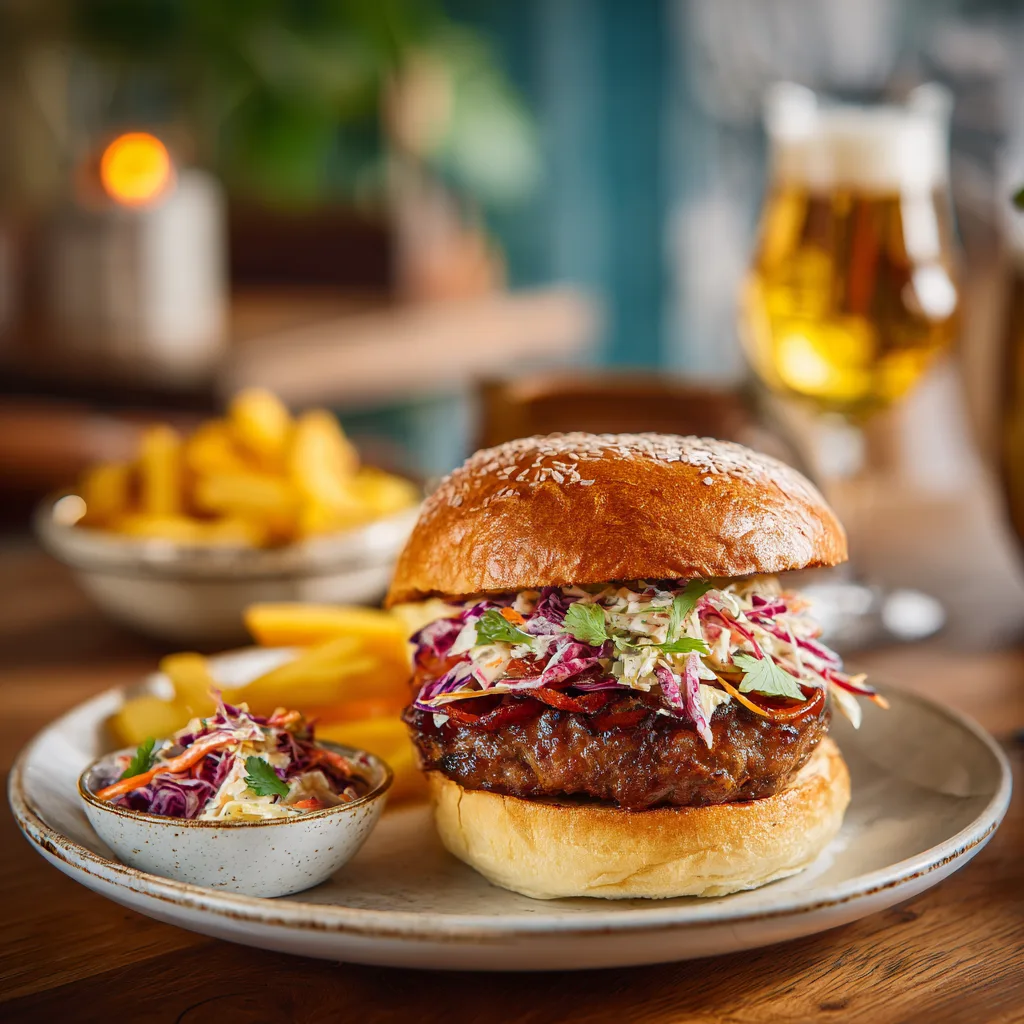 Burger maison au bœuf servi assiette accompagnements frites coleslaw