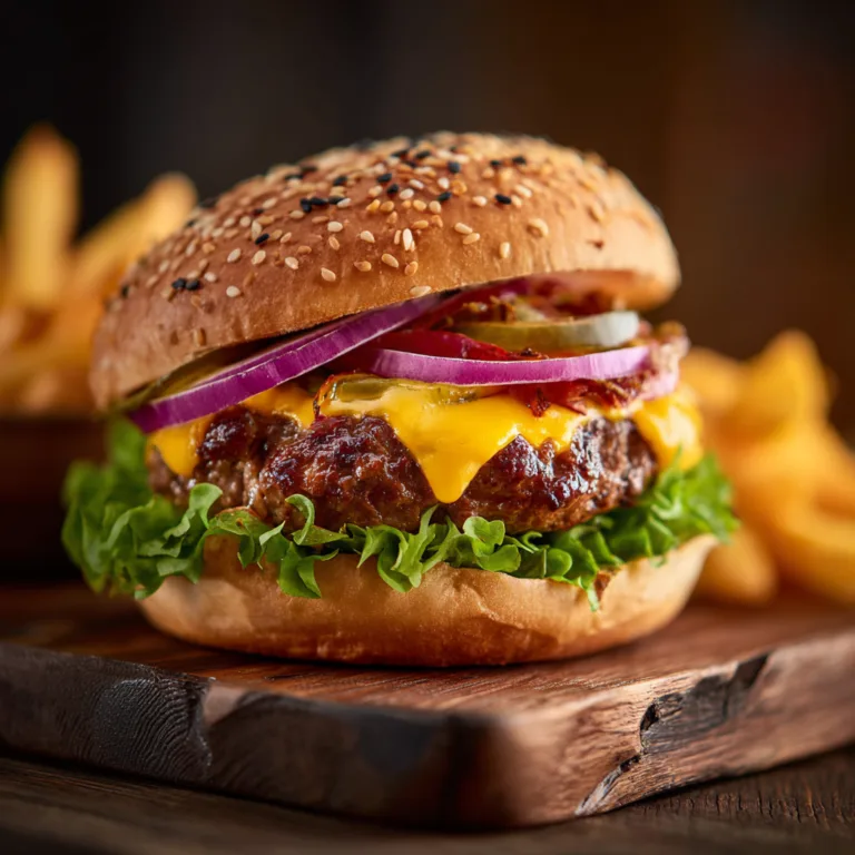 Burger maison au bœuf vu du dessus avec frites sur planche en bois