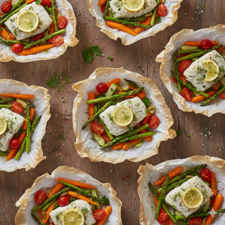 Cabillaud en papillote ouvert avec légumes d'avril asperges carottes tomates cerises et citron