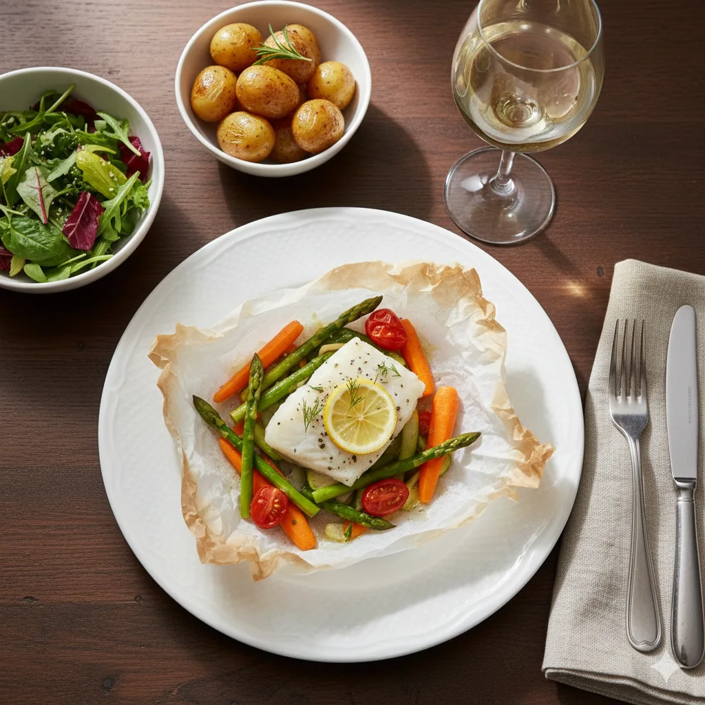 Cabillaud papillote servi assiette blanche pommes terre nouvelles salade verte présentation élégante