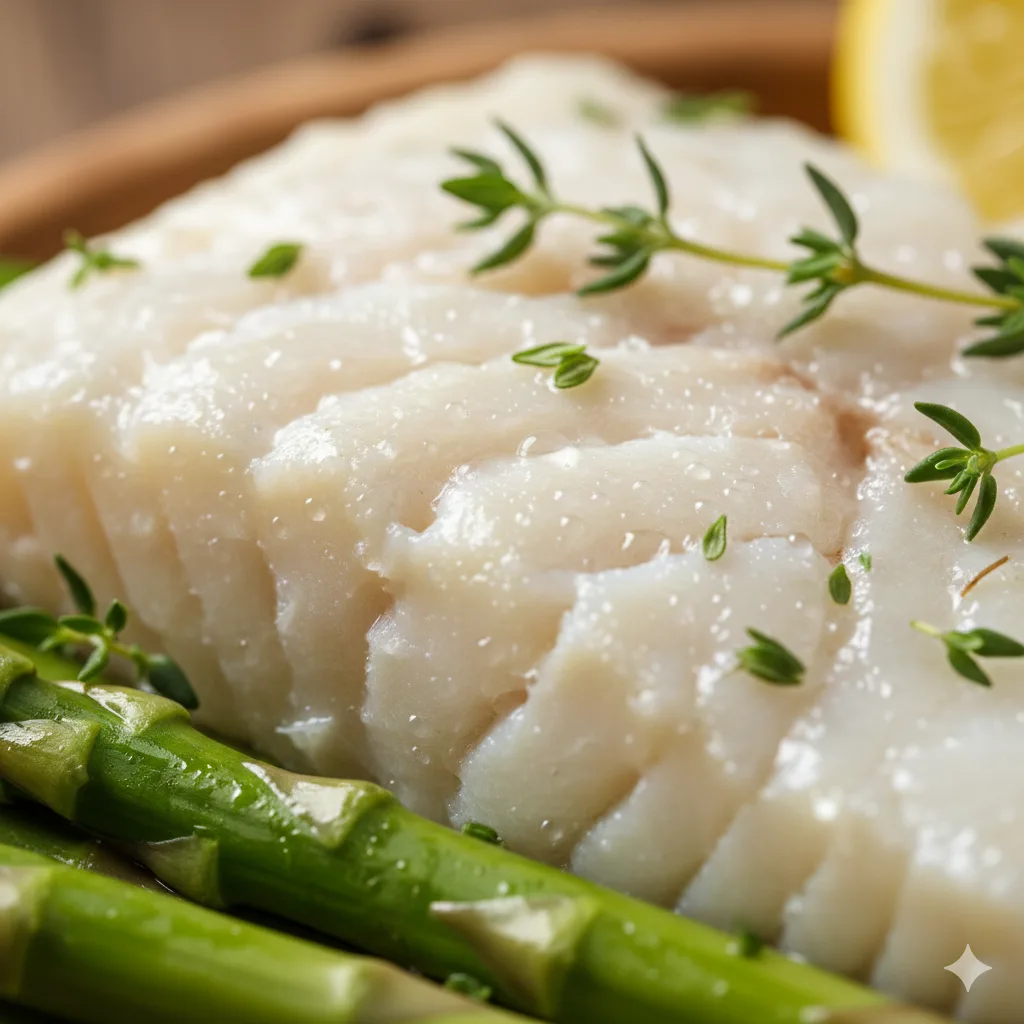 Gros plan texture cabillaud cuit vapeur papillote asperges vertes herbes fraîches