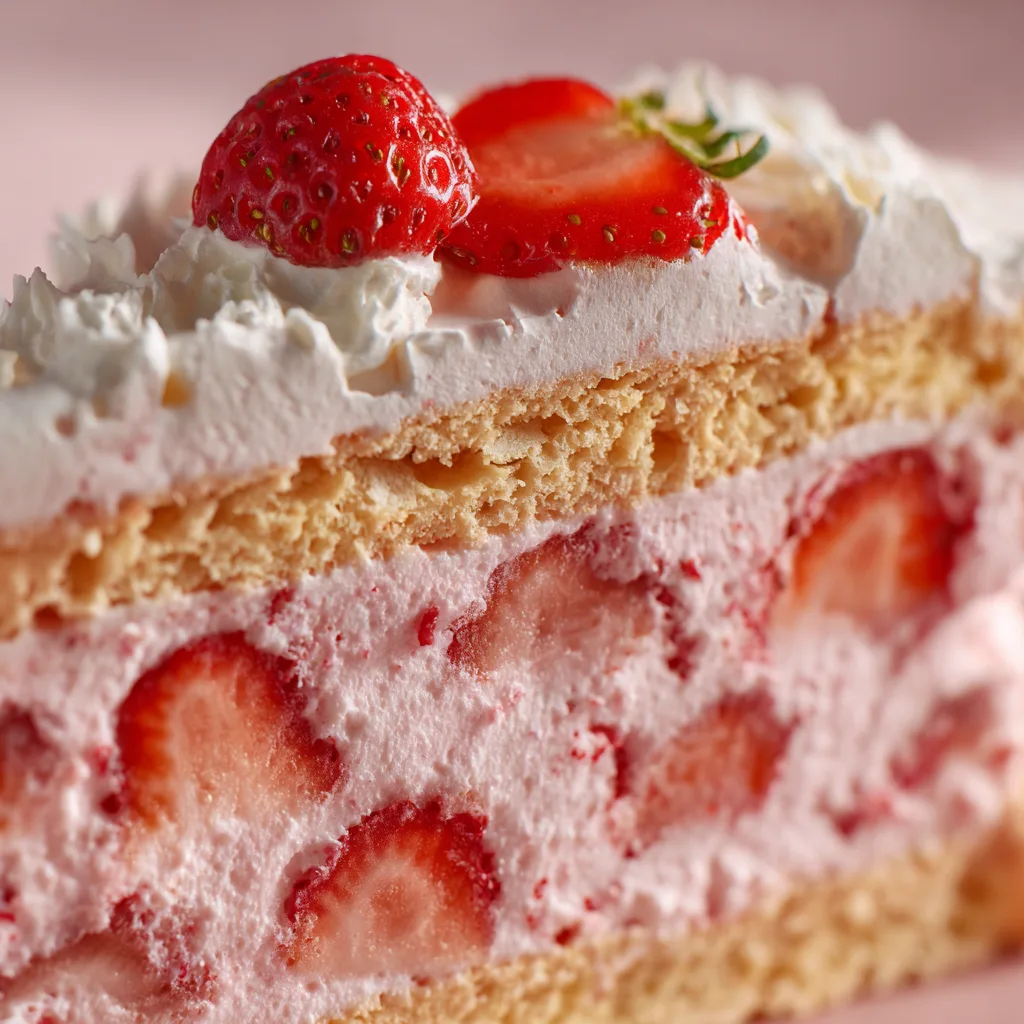 Coupe transversale Charlotte aux Fraises montrant mousse fraise et biscuits cuillère