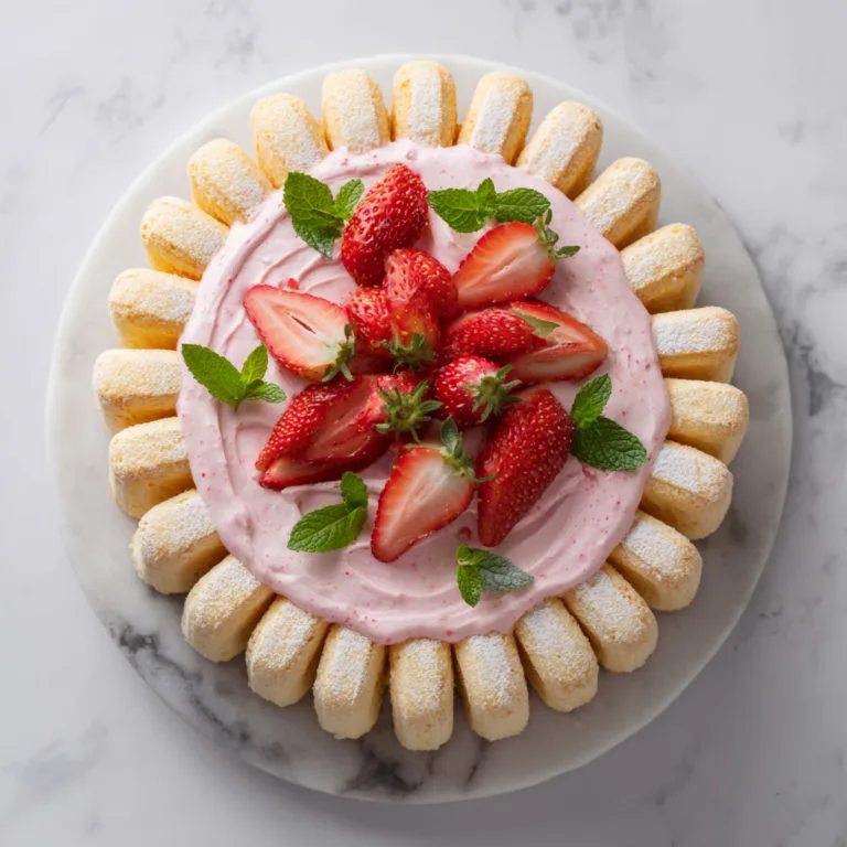 Charlotte aux Fraises maison vue du dessus avec fraises fraîches et biscuits cuillère