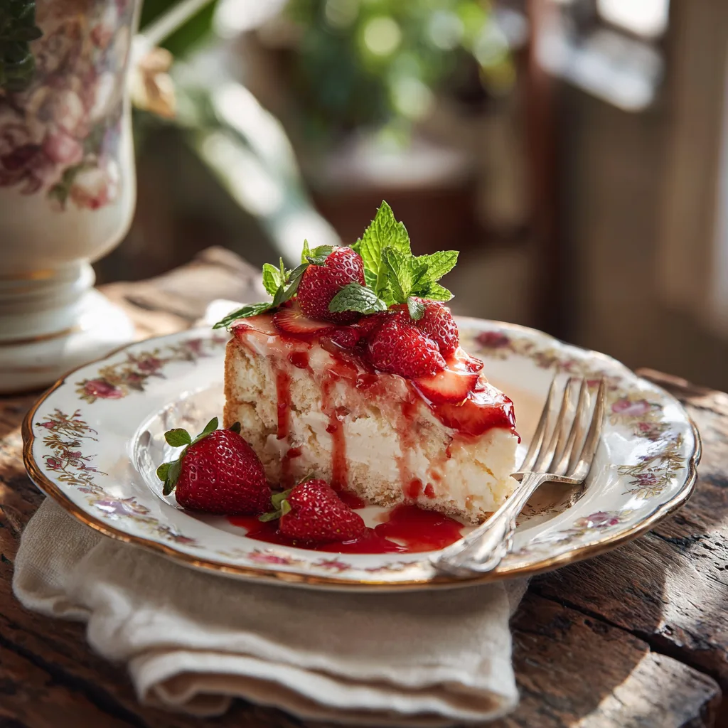 Part de Charlotte aux Fraises servie assiette porcelaine coulis fraises