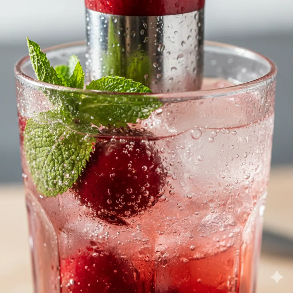 Gros plan cocktail cerise texture cerises écrasées menthe fraîche détails