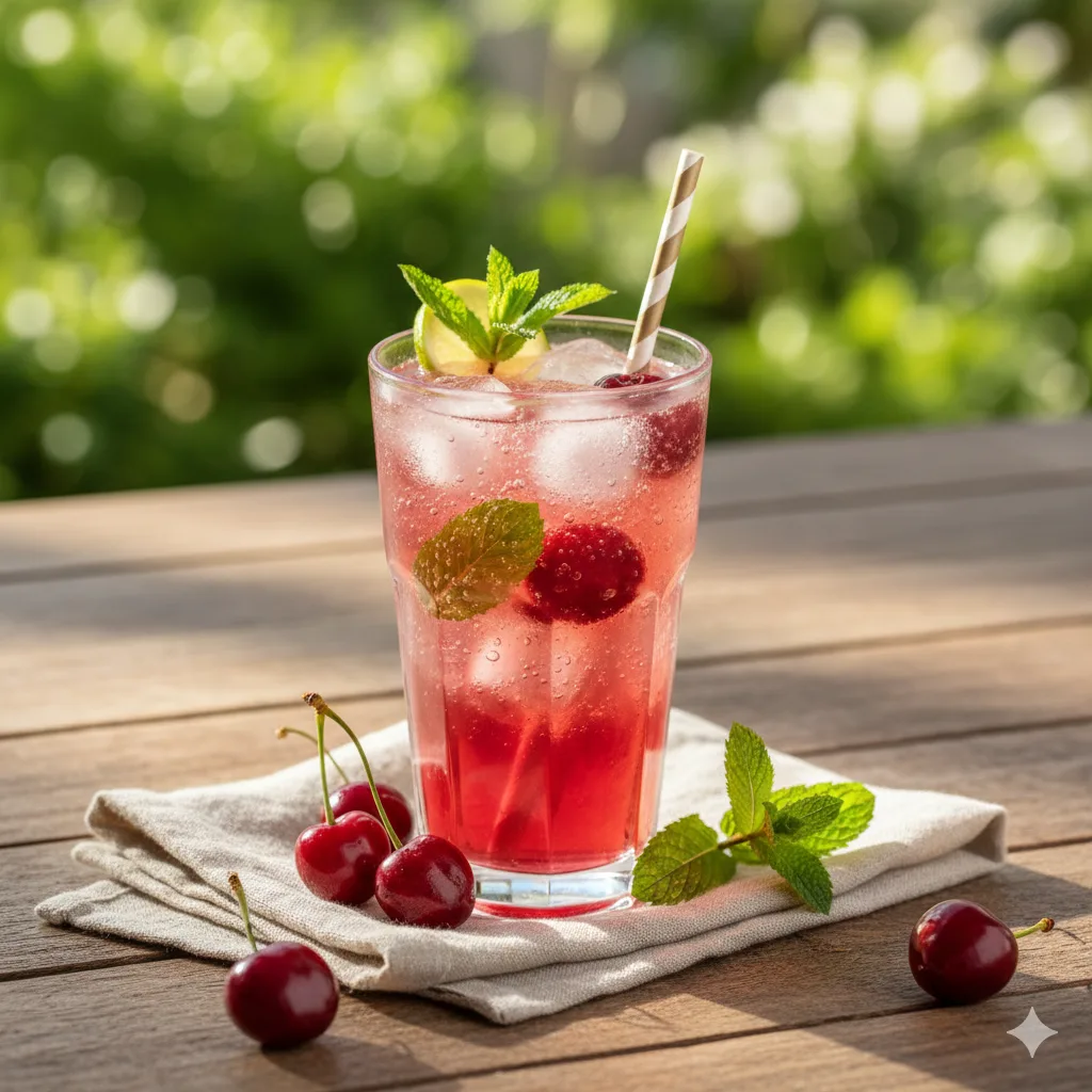 Cocktail cerise servi table stylisée présentation élégante garnissage