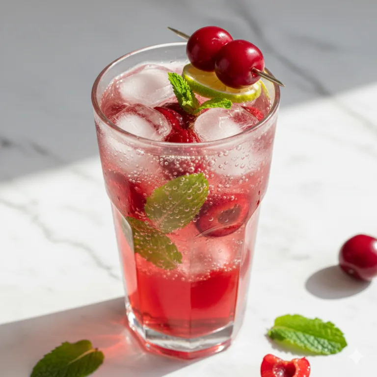 Cocktail cerise sans alcool vue du dessus avec cerises fraîches menthe et glaçons