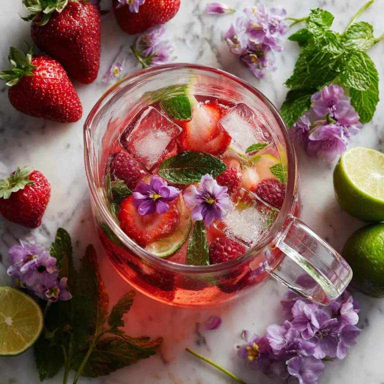 Cocktail de printemps fruité vue de dessus avec fraises framboises menthe et fleurs comestibles sur fond marbre blanc