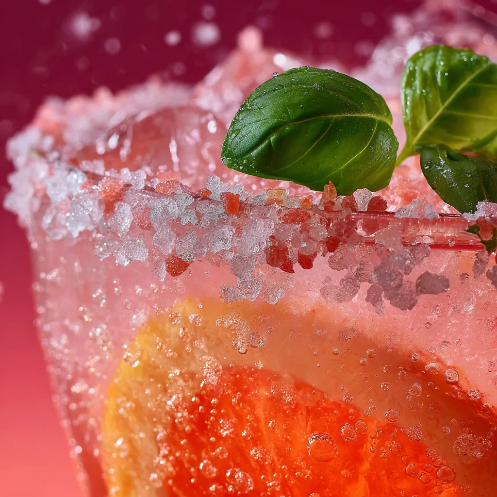 Gros plan des bulles et de la texture du cocktail pamplemousse rose avec sel rose sur le bord du verre