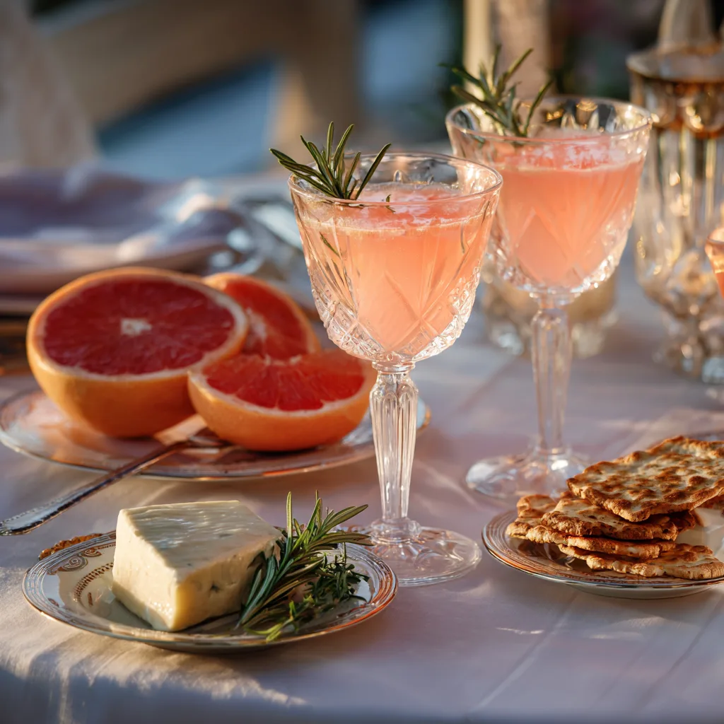 Cocktail pamplemousse rose élégamment servi sur table dressée avec accompagnements salés